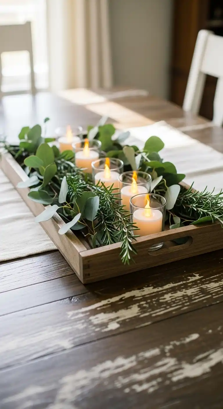 1) Rustic Wooden Tray with Greenery