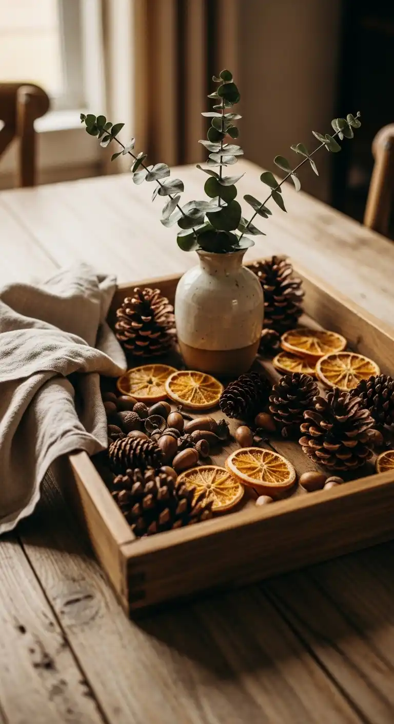 1) Rustic Wooden Tray with Natural Accents