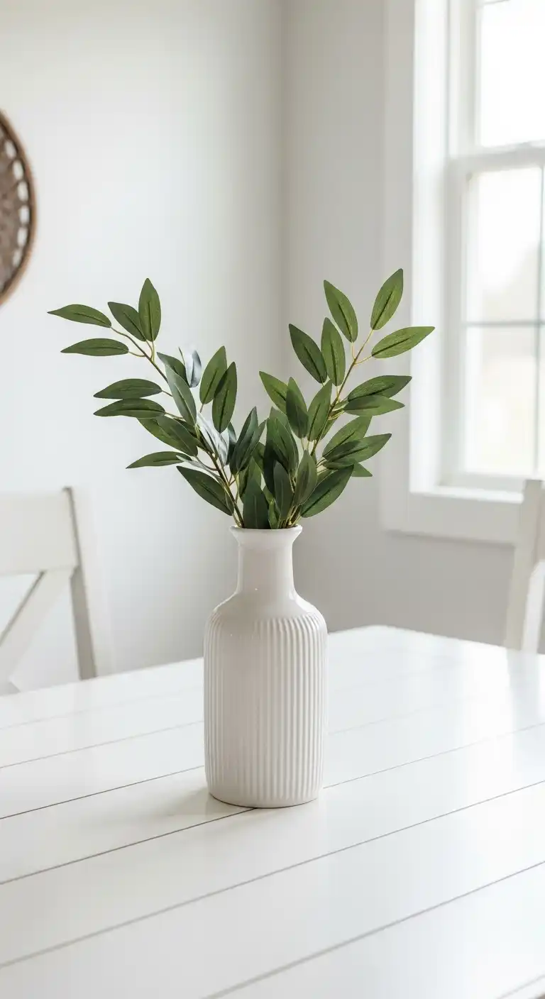 1) Use a minimalist white ceramic vase with greenery as a centerpiece