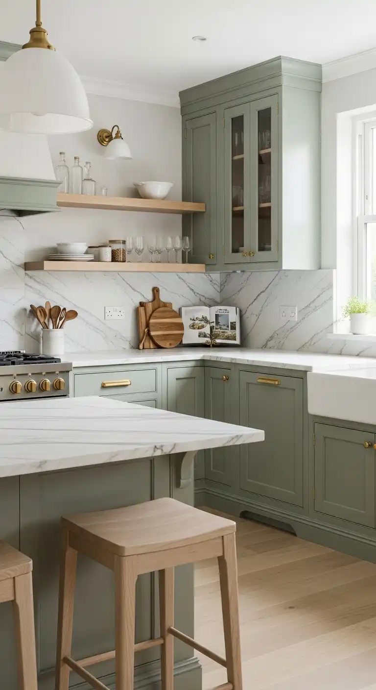 1. Sage Green & Brass Cabinets
