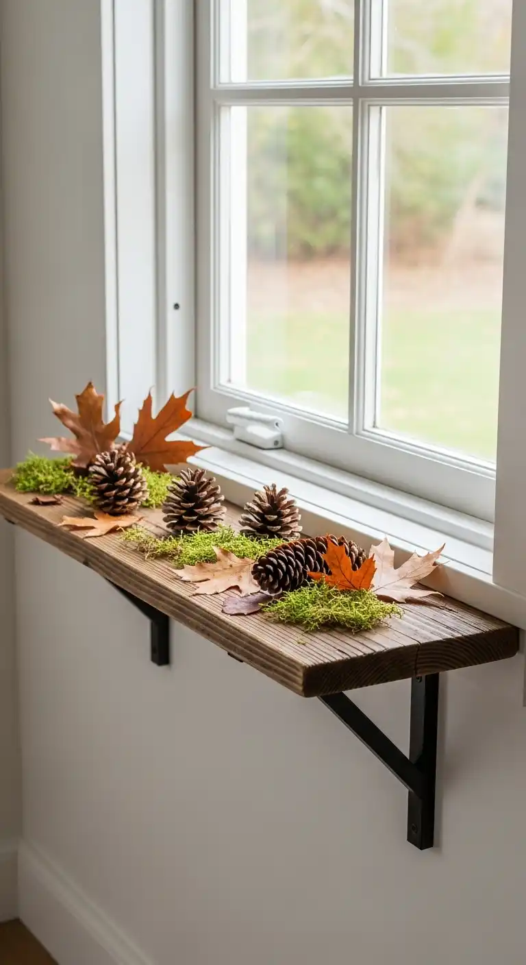10. Reclaimed Wood Shelf with Pinecones and Leaves