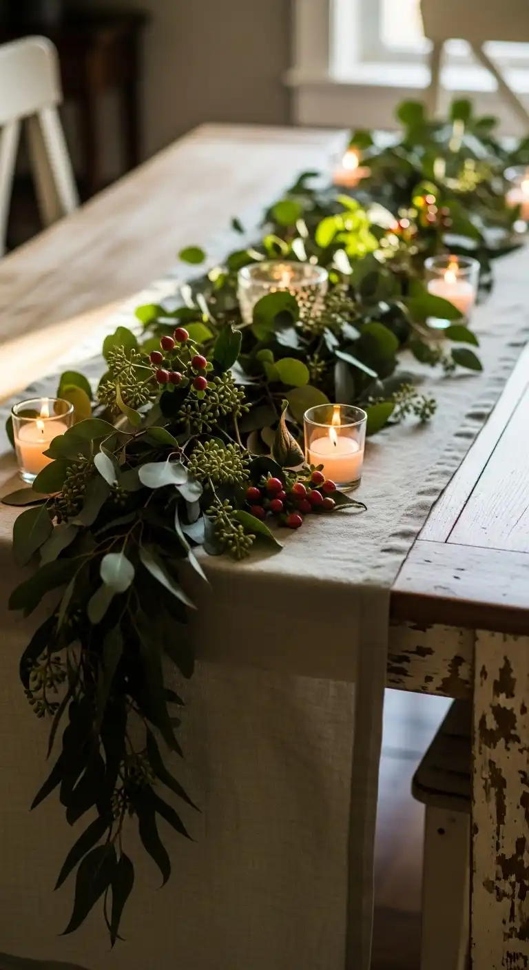 12) Linen Table Runner with Greenery Garland
