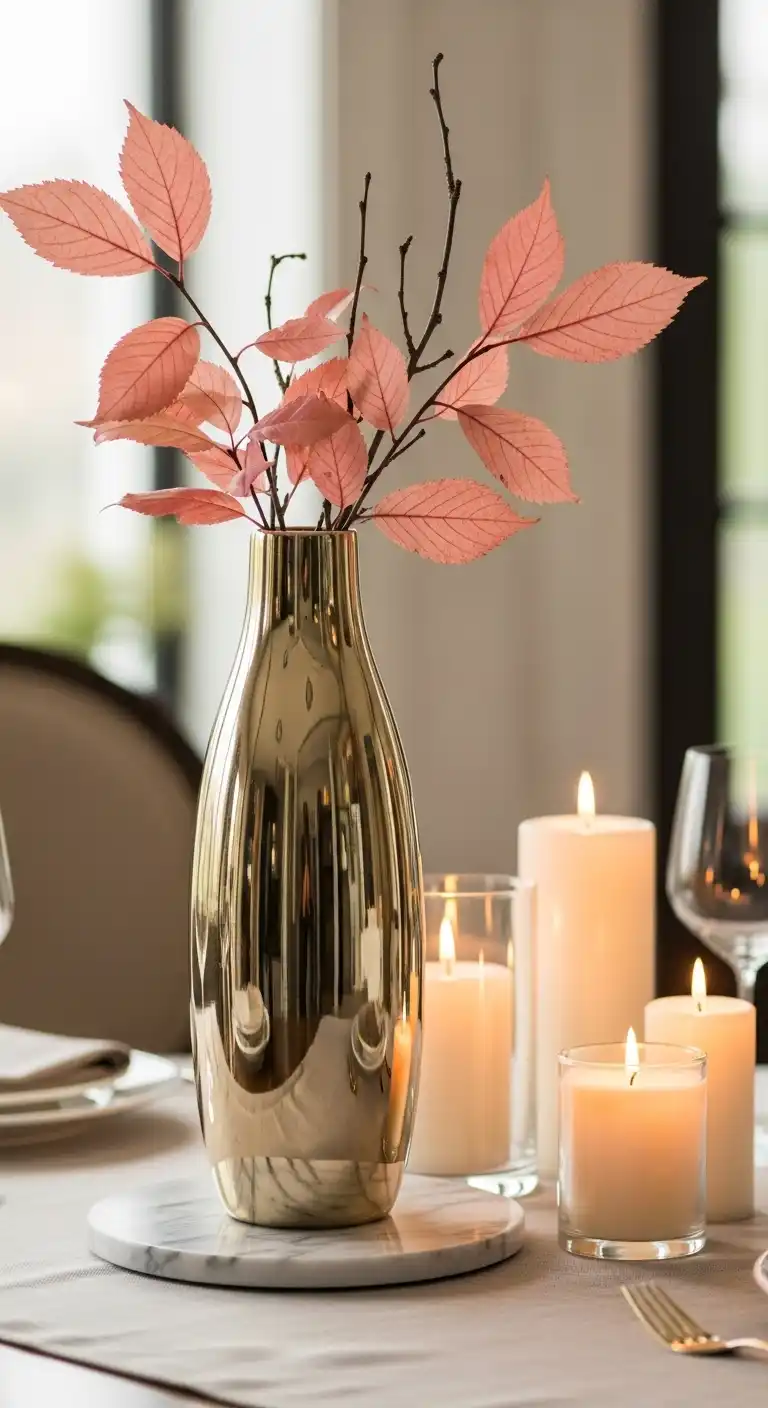 12) Metallic Vase with Red Leaves