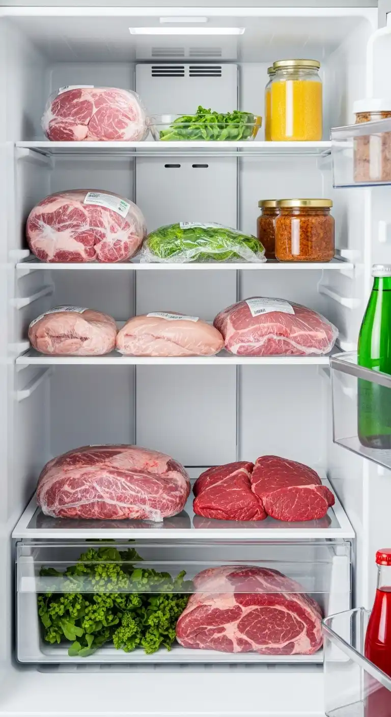 12) Place raw meats on bottom shelf to prevent drips