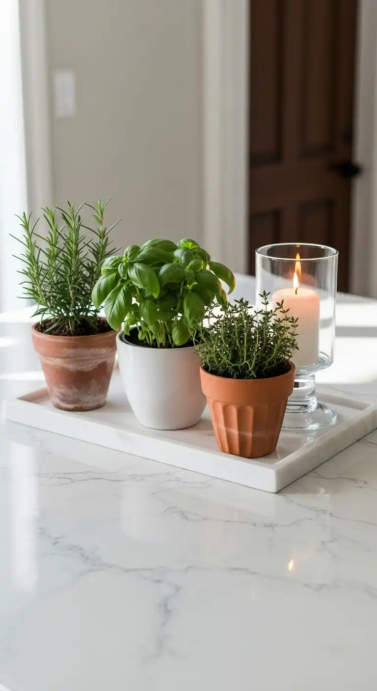 13) Sleek Marble Trays with Greenery