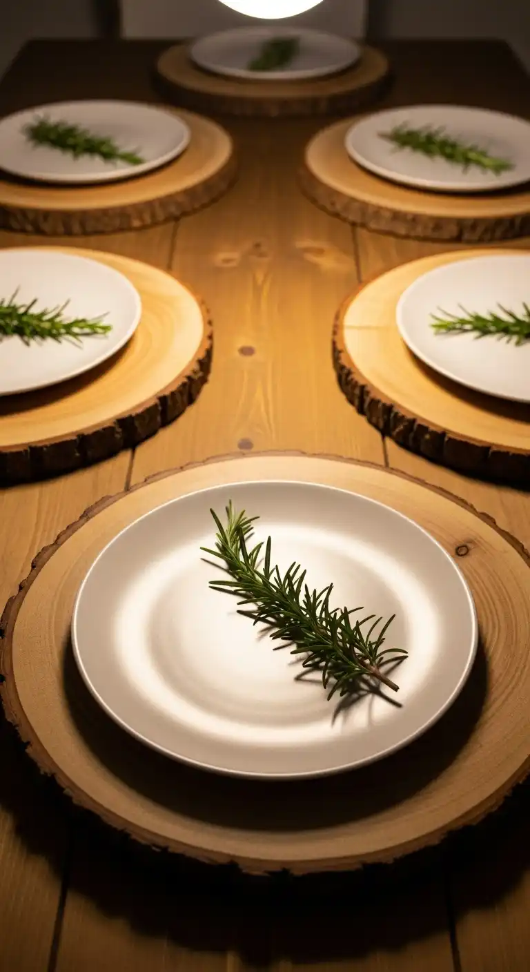 13) Wooden Chargers with Greenery Sprigs