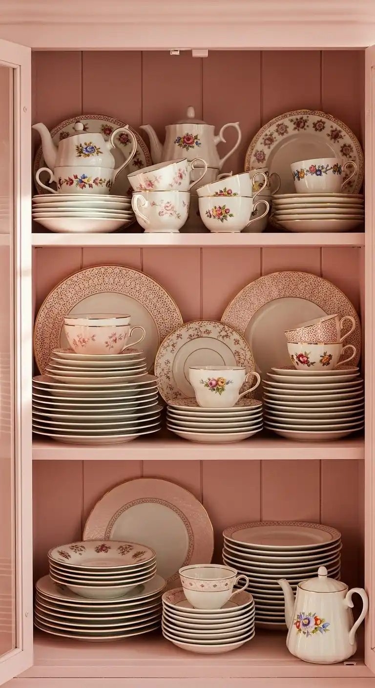 14. Antique Pink Dish Showcase
