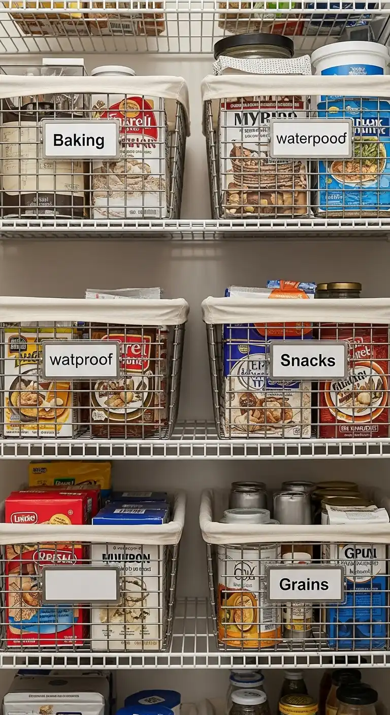 14. Wire Baskets with Labels