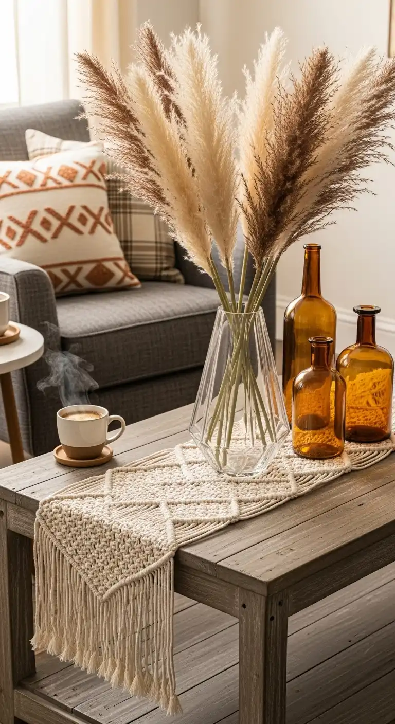 15) Boho Macramé Runner with Pampas Grass