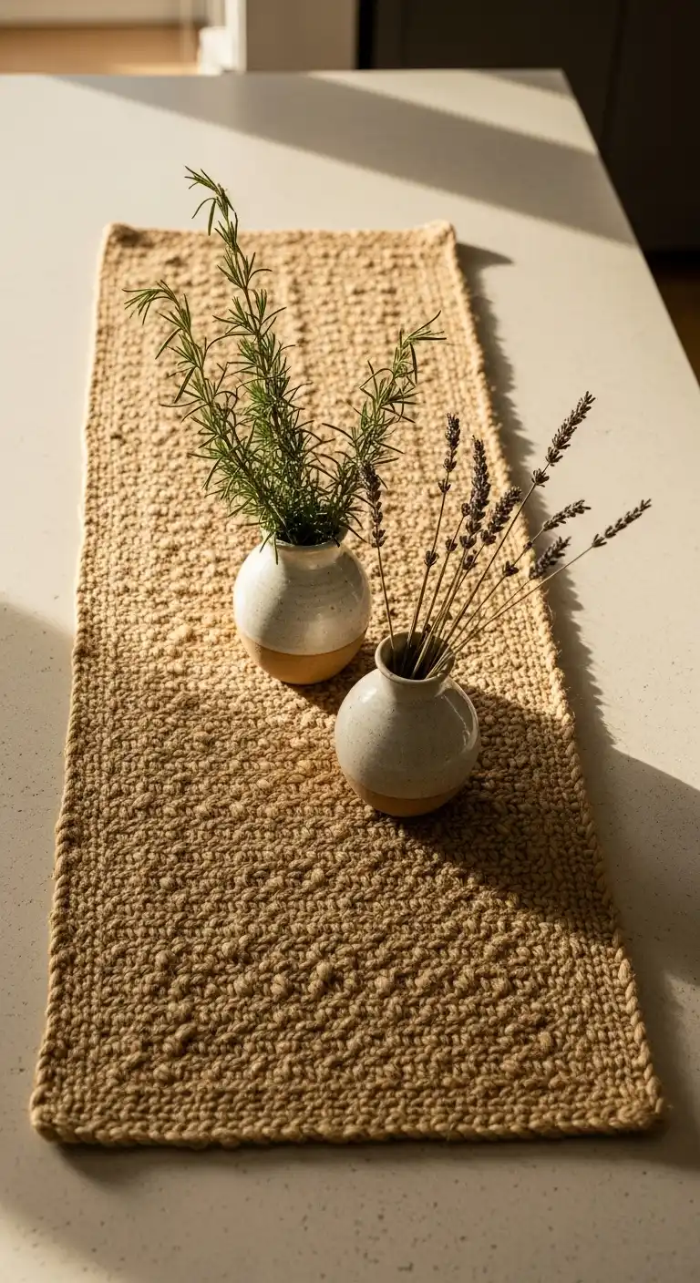 15) Natural Fiber Runners with Small Vases