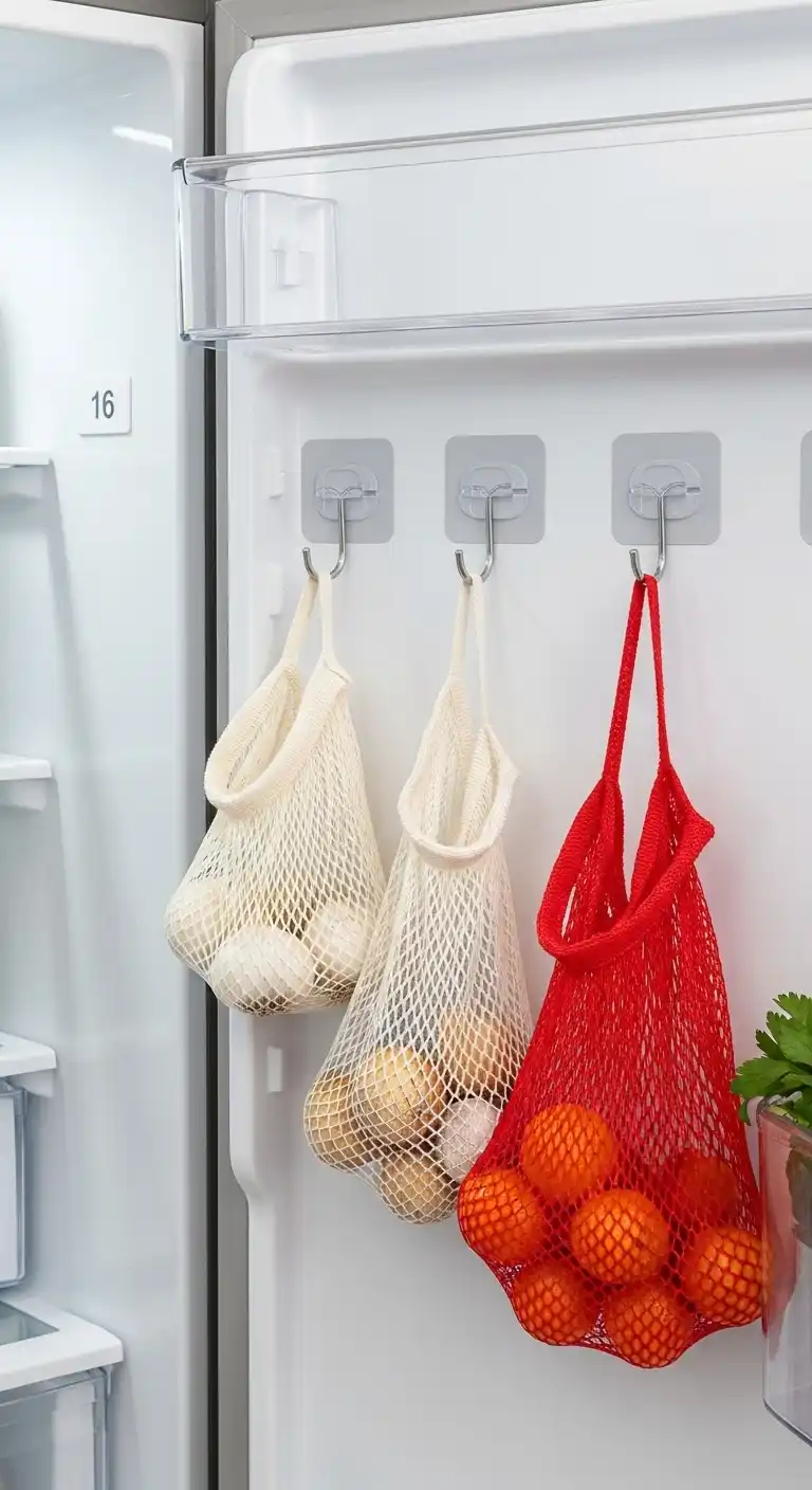 16) Hang produce bags on fridge door hooks