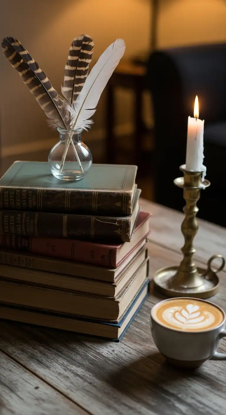 17) Vintage Book Stack with Feathers