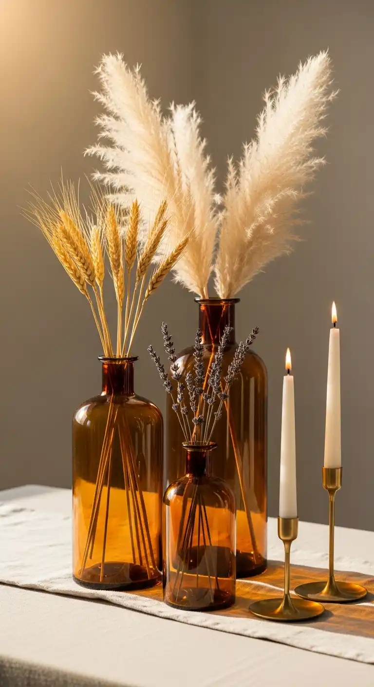 2) Amber Glass Vases with Dried Florals