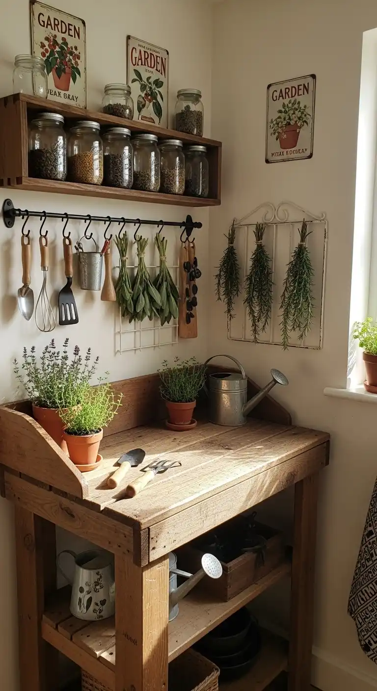 21. Chic Boho Potting Bench with Mason Jar Storage