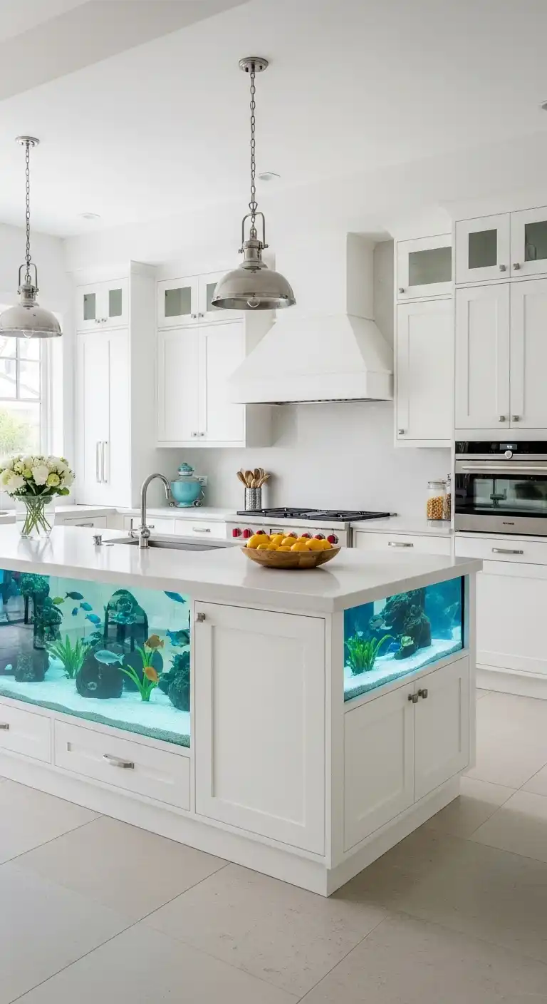 23. Aquarium Island in White Kitchen