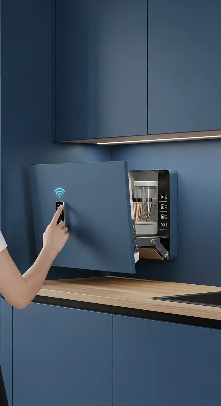 23. Tech-Enhanced Blue Kitchen Cabinets
