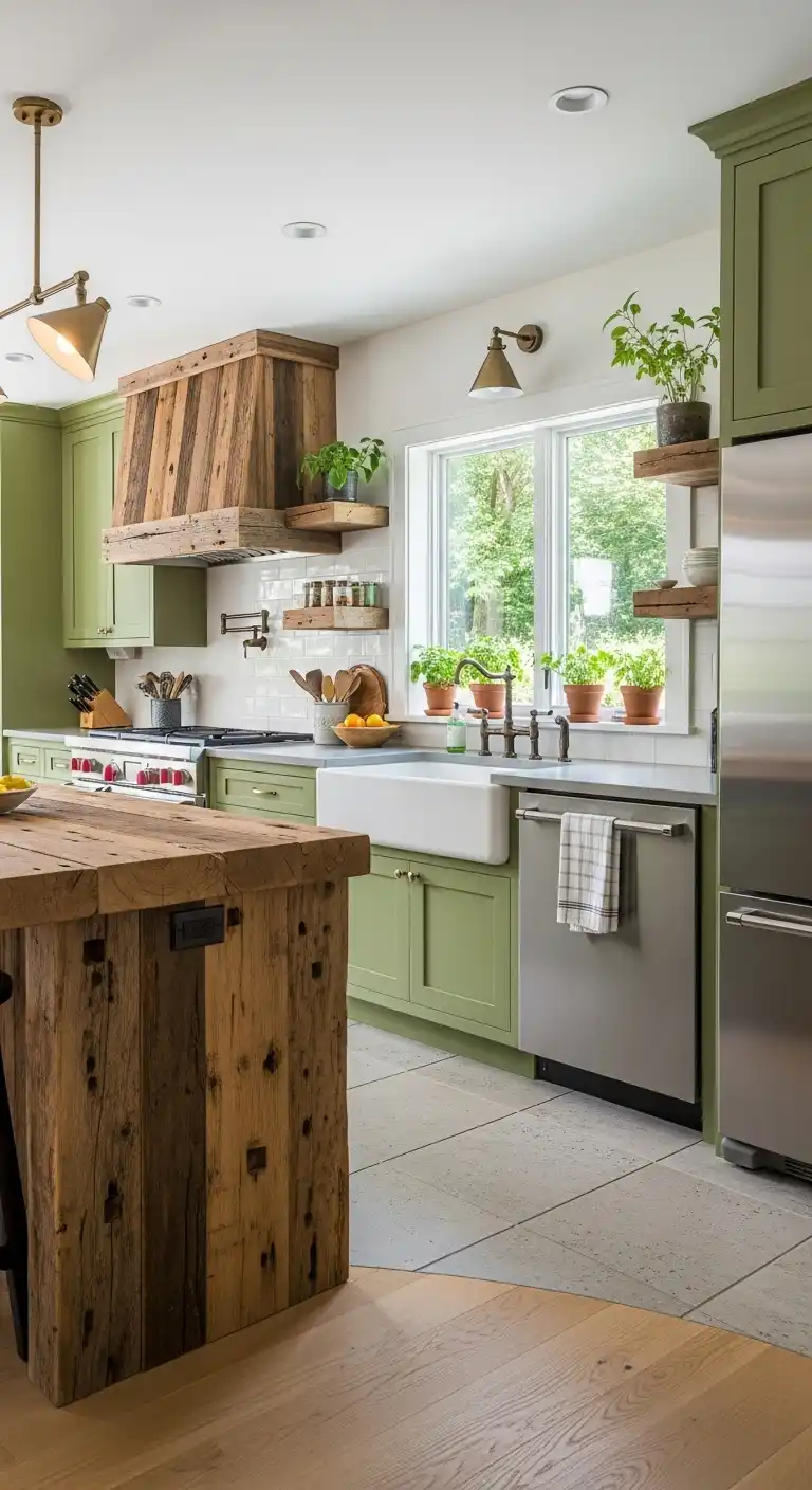 26. Avocado Green and Reclaimed Wood