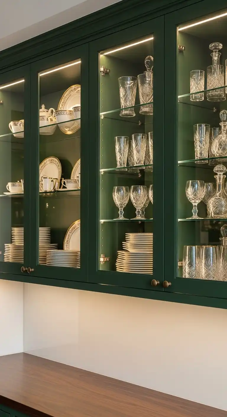 3. Glass-Front Hunter Green Cabinets