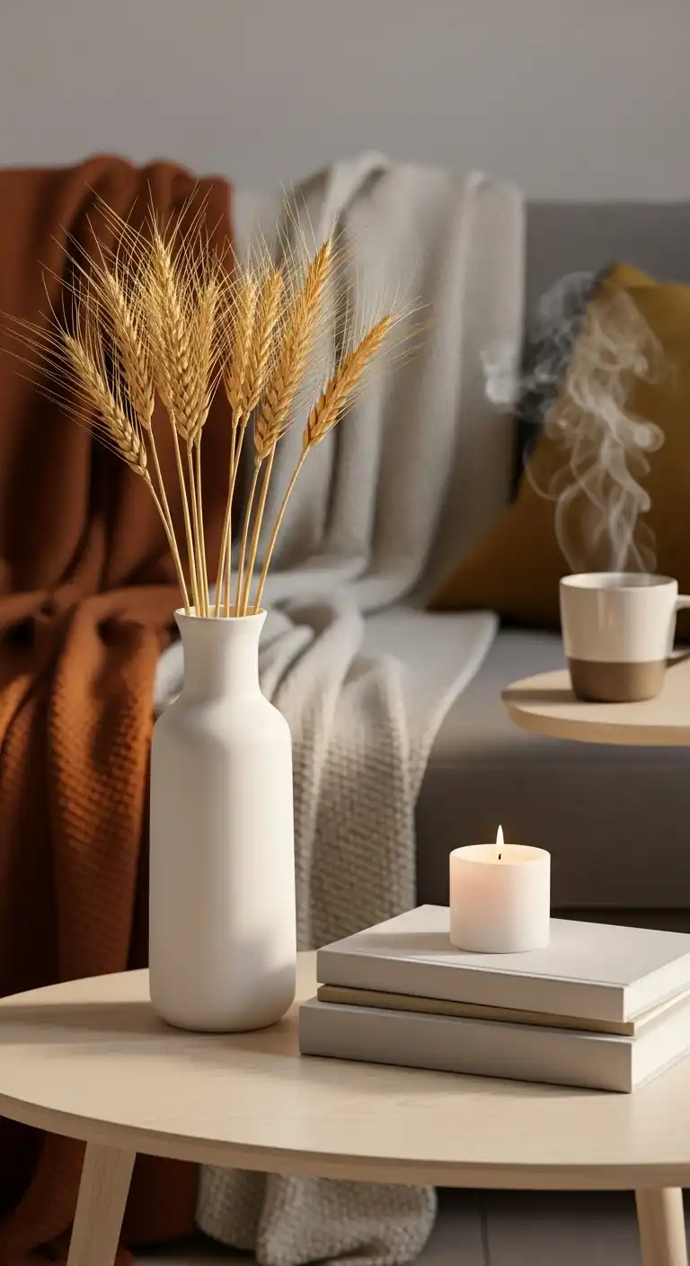 5) Minimalist White Vase with Golden Wheat