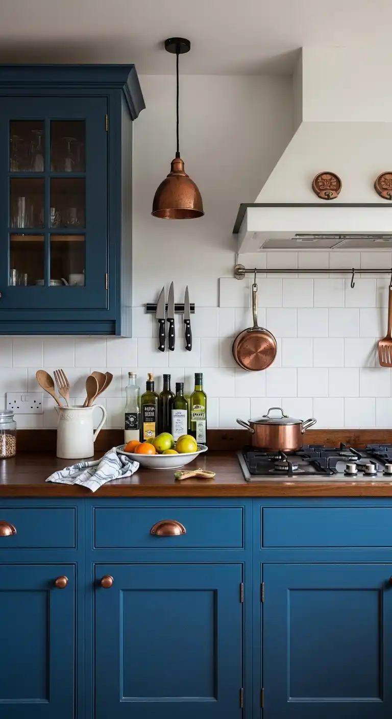 5. Rustic Blue Cabinets with Copper