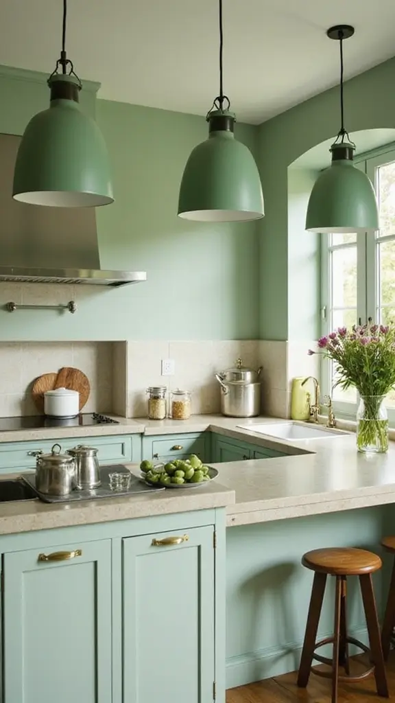 21 Light Green Kitchen Ideas That Will Transform Your Cooking Space (You Won't Believe #15!) - 9. Statement Lighting Fixtures