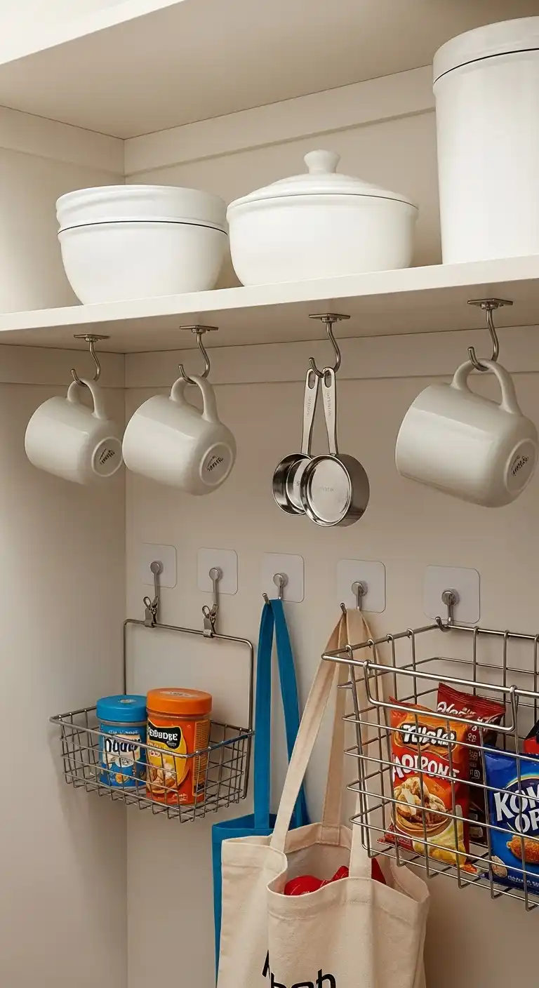7) Add Hooks Under Shelves for Extra Hanging Storage