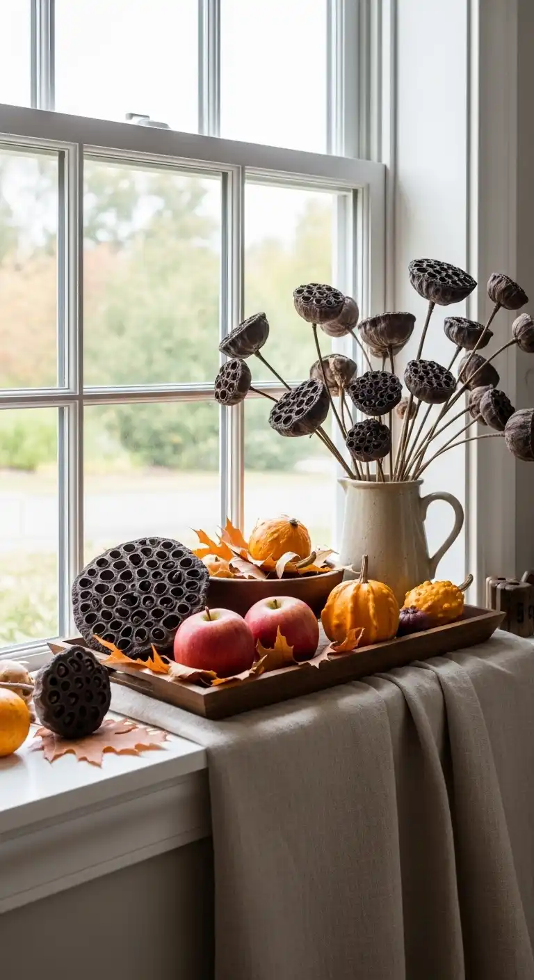 7. Windowsill Display with Dried Seed Pods and Apples