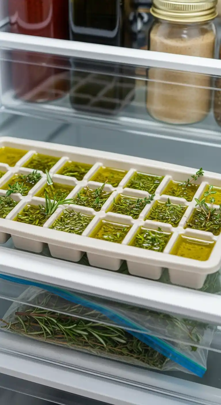 9) Freeze herbs in ice cube trays with oil