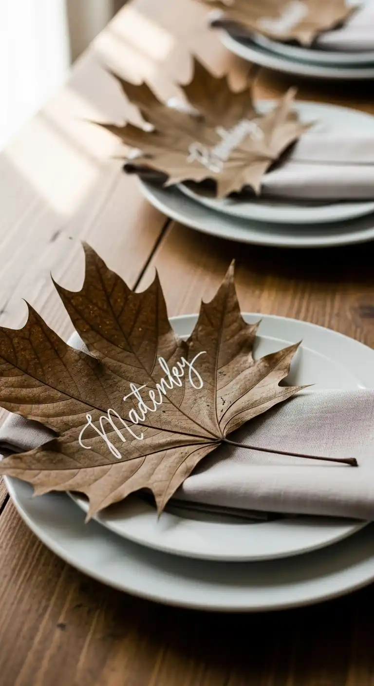 9) Handwritten Place Cards on Leaves