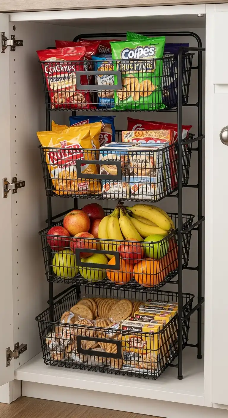 9. Keep Snacks in Tiered Baskets