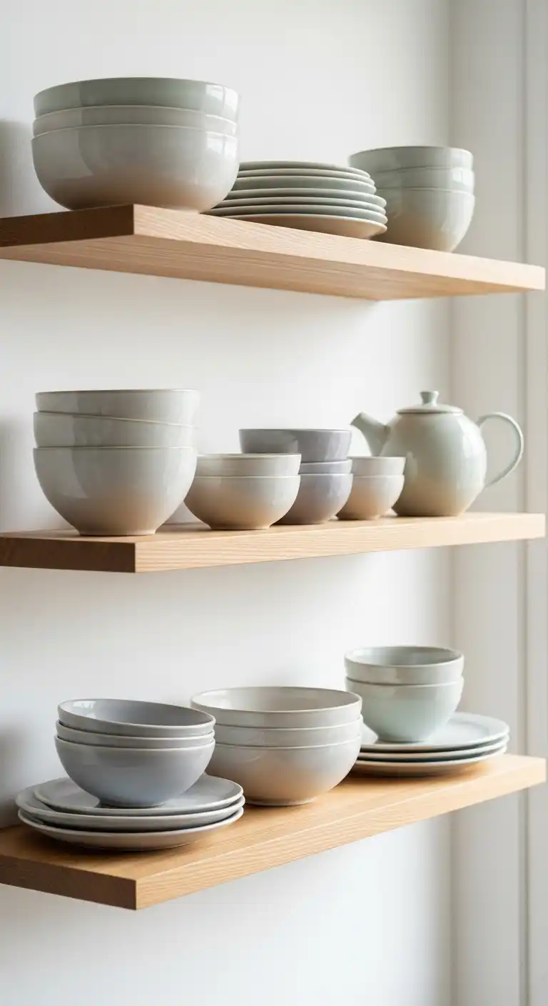 Minimalist Ceramic Display on Floating Shelves
