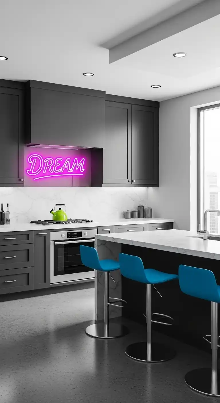 Neon Accents in Monochrome Kitchen
