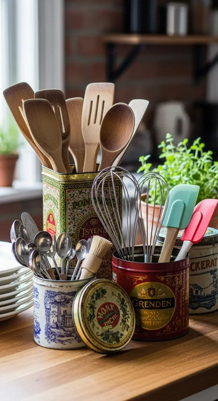 Vintage Tea Tin Utensils Storage