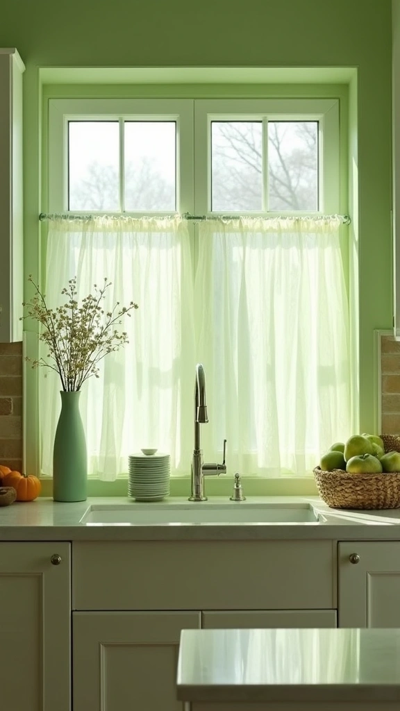 21 Light Green Kitchen Ideas That Will Transform Your Cooking Space (You Won't Believe #15!) - 7. Light Green Window Treatments