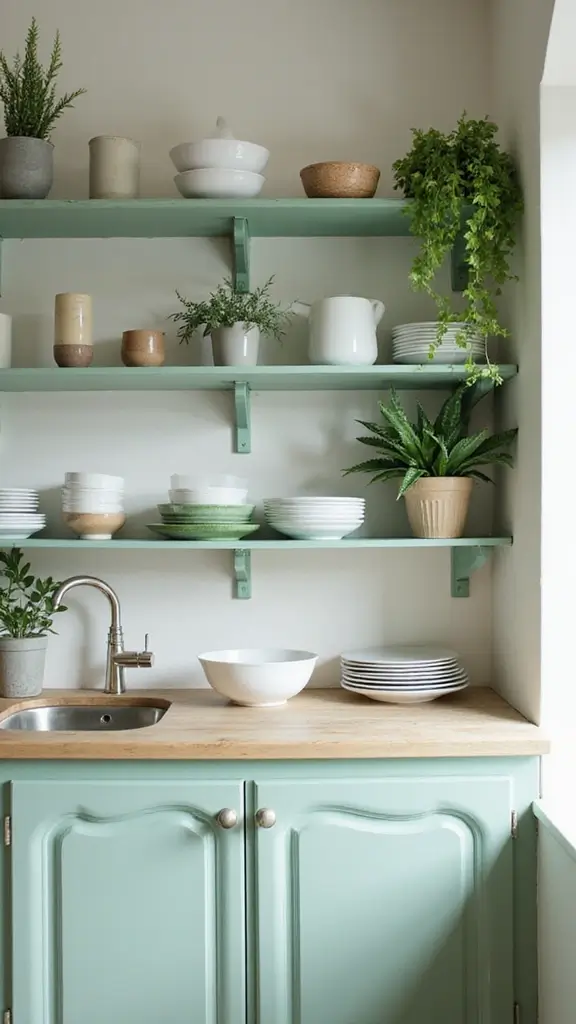 21 Light Green Kitchen Ideas That Will Transform Your Cooking Space (You Won't Believe #15!) - 10. Open Shelving in Light Green