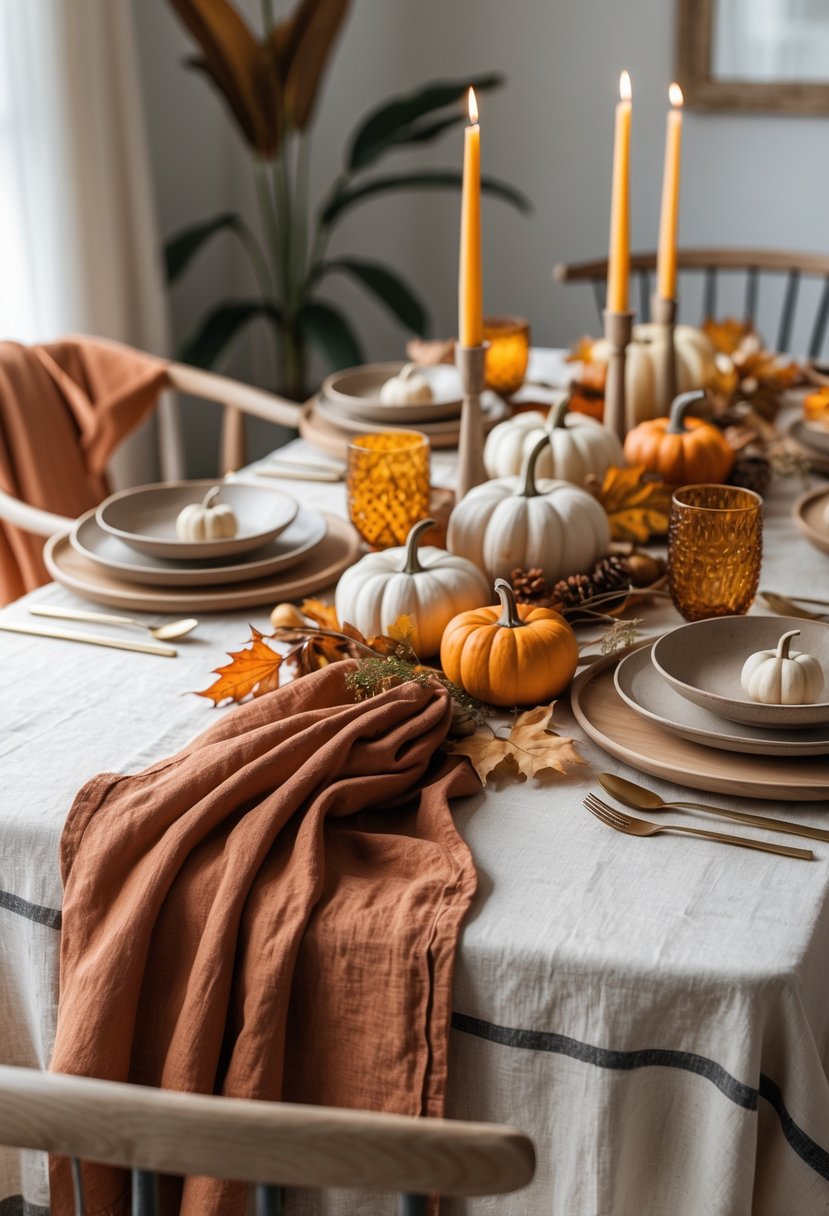A dining table set with layered linen tablecloths in warm earth tones and autumn decorations including pumpkins and candles.