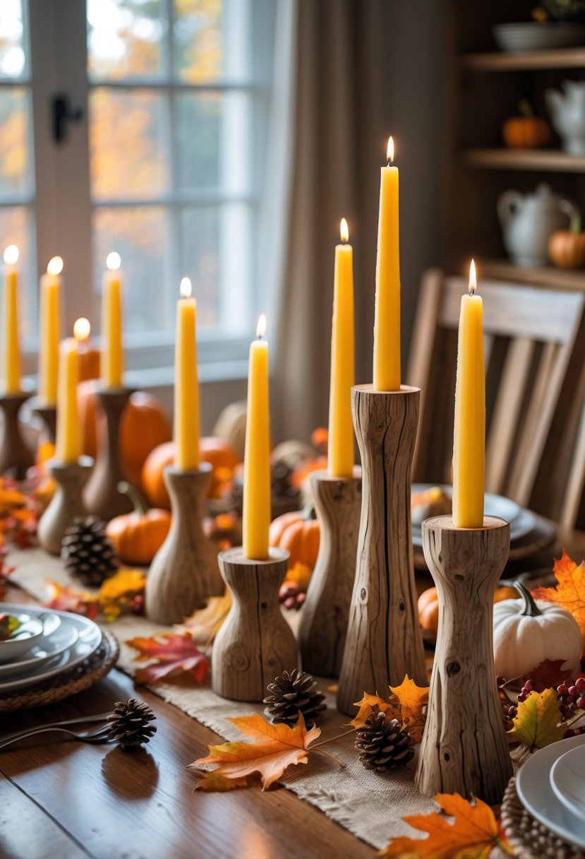 A wooden dining table decorated with rustic wooden candle holders holding beeswax candles surrounded by autumn leaves, pumpkins, and pine cones.