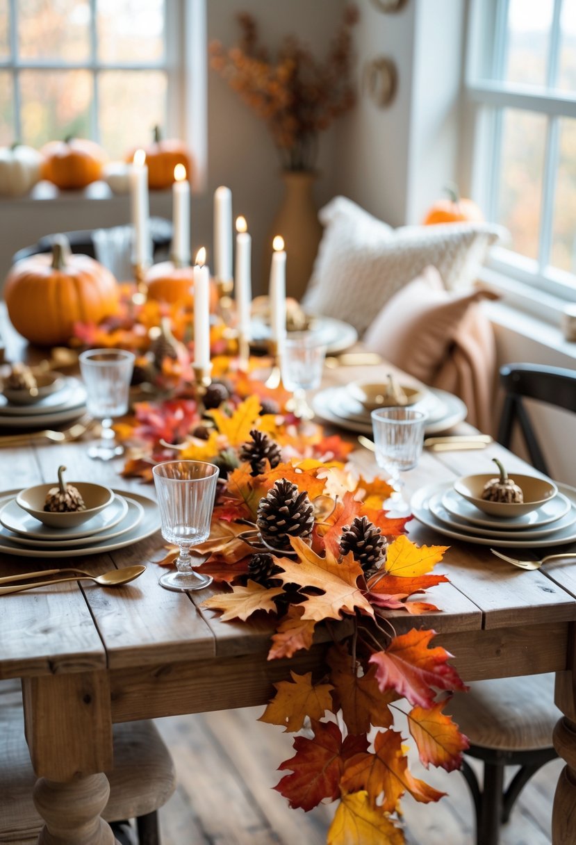 A wooden dining table decorated with a garland of colorful autumn leaves, pinecones, and berries, set for a meal with plates, cutlery, and glassware, surrounded by autumn-themed decorations.