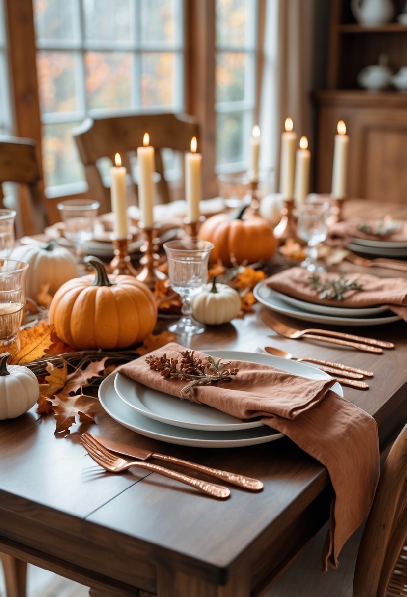 A dining table set for autumn with copper flatware, white plates, linen napkins, small pumpkins, dried leaves, and candles in a cozy dining room.