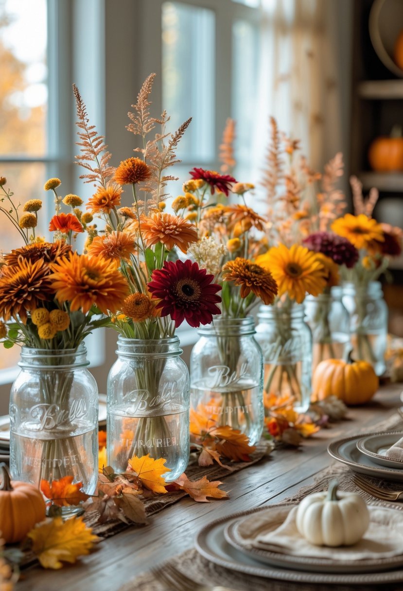 Several mason jars filled with colorful autumn wildflowers arranged on a wooden dining table with fall decorations in the background.