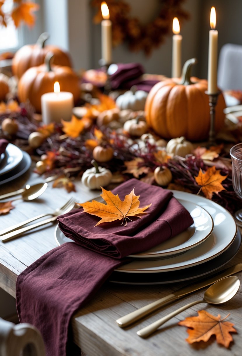 A dining table set with deep orange and burgundy cloth napkins surrounded by autumn decorations including pumpkins, candles, and dried leaves.