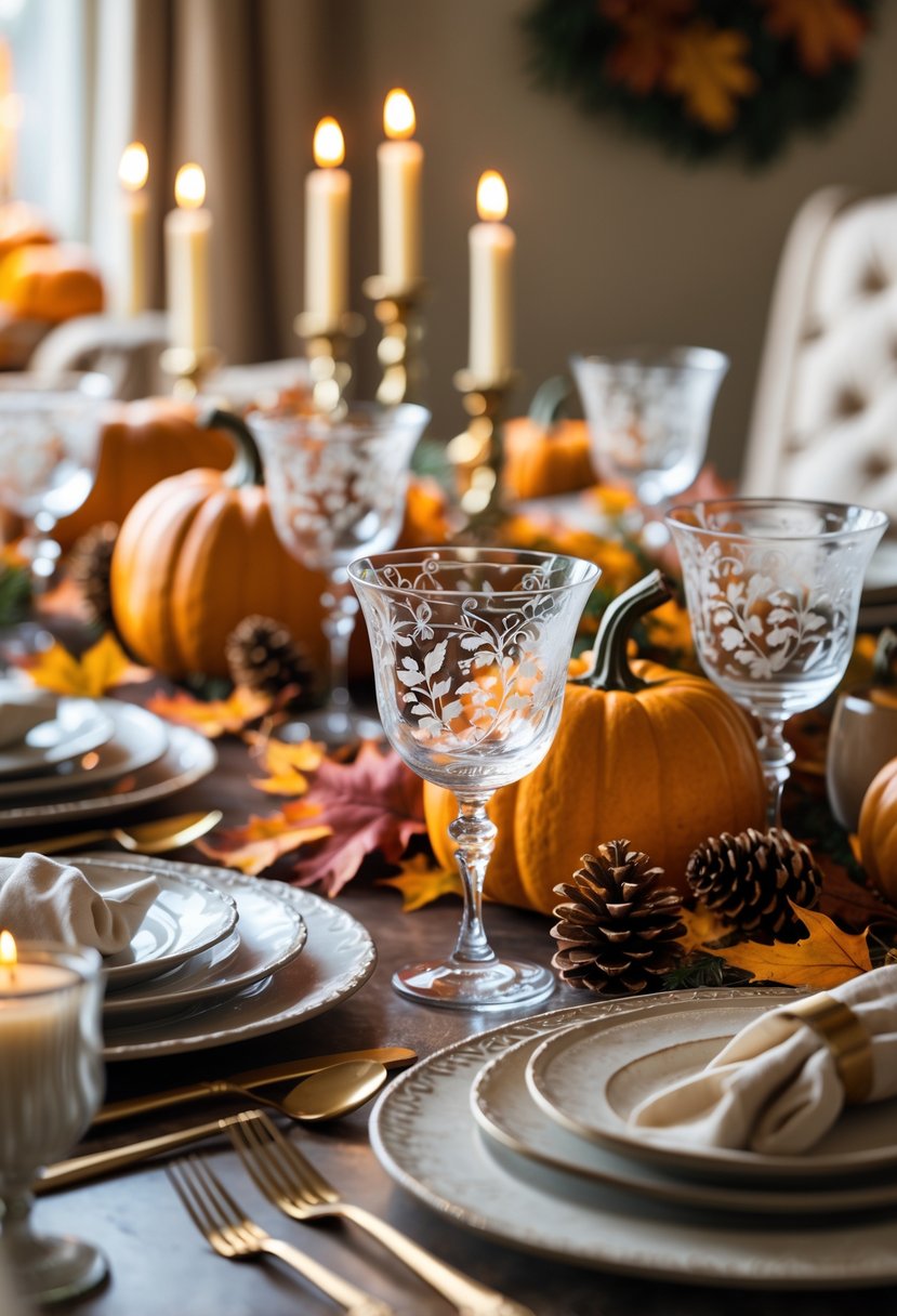 A dining table set with glassware etched with vine patterns, surrounded by autumn decorations like pumpkins and fall leaves.