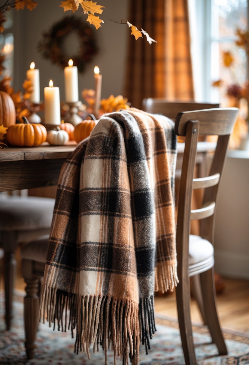 A dining room with wooden chairs draped with a plaid wool throw and autumn decorations on the table.