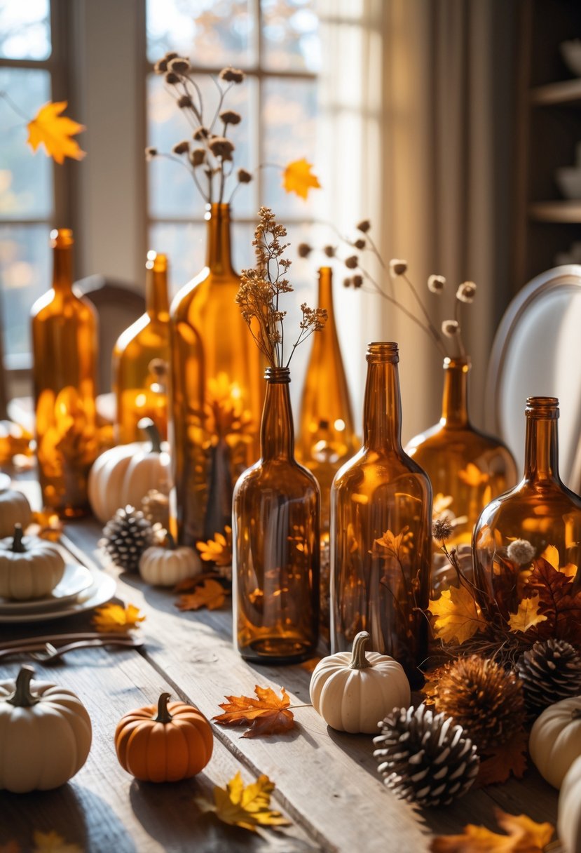 A dining room table decorated with amber-colored glass bottles, pumpkins, pinecones, and fall leaves.