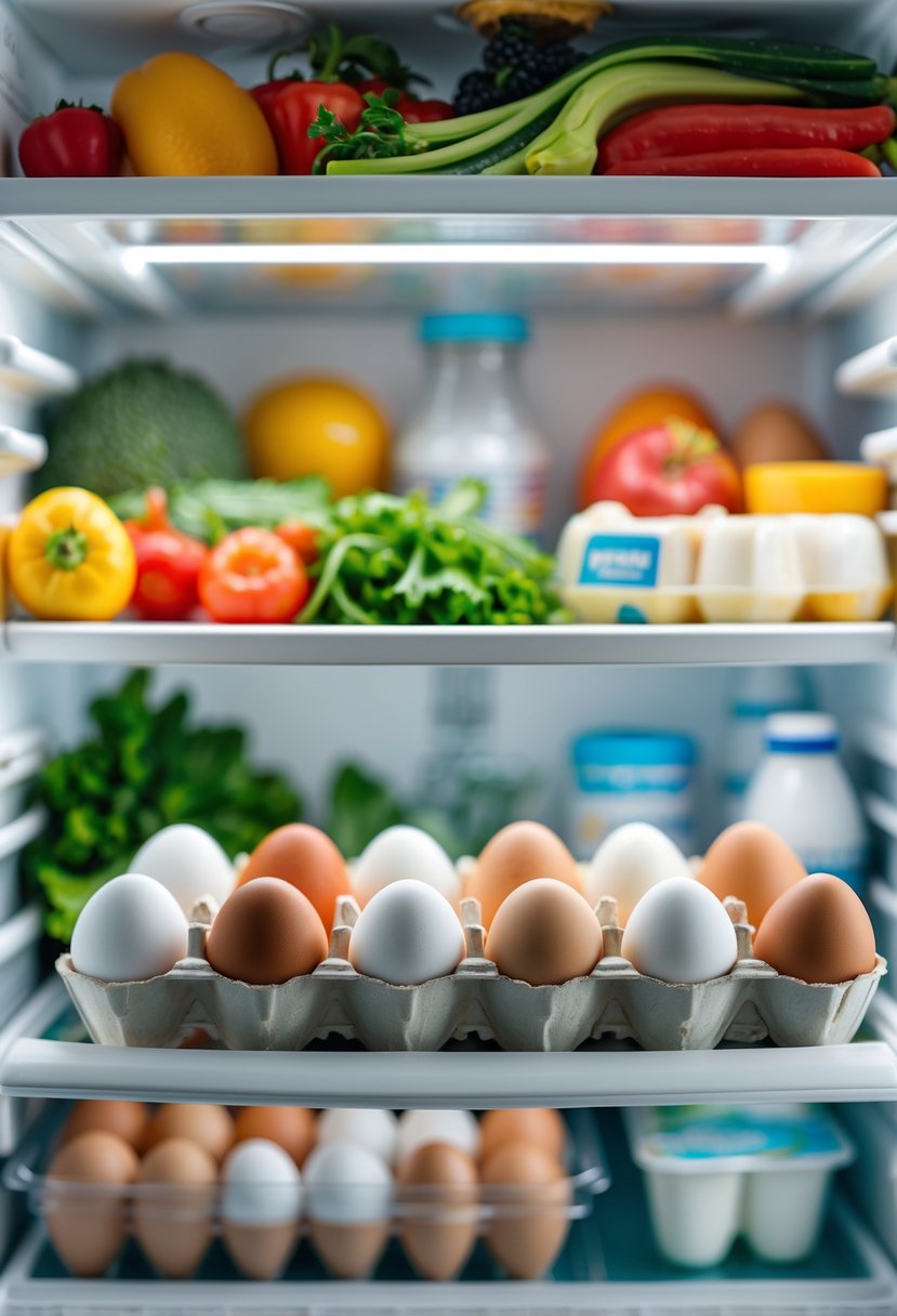 Refrigerator middle shelf with eggs stored in their original carton surrounded by fresh groceries.