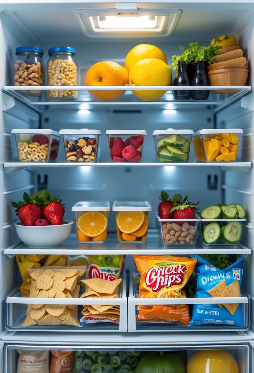 An open refrigerator with neatly arranged snacks placed at eye level on the middle shelf for easy access.