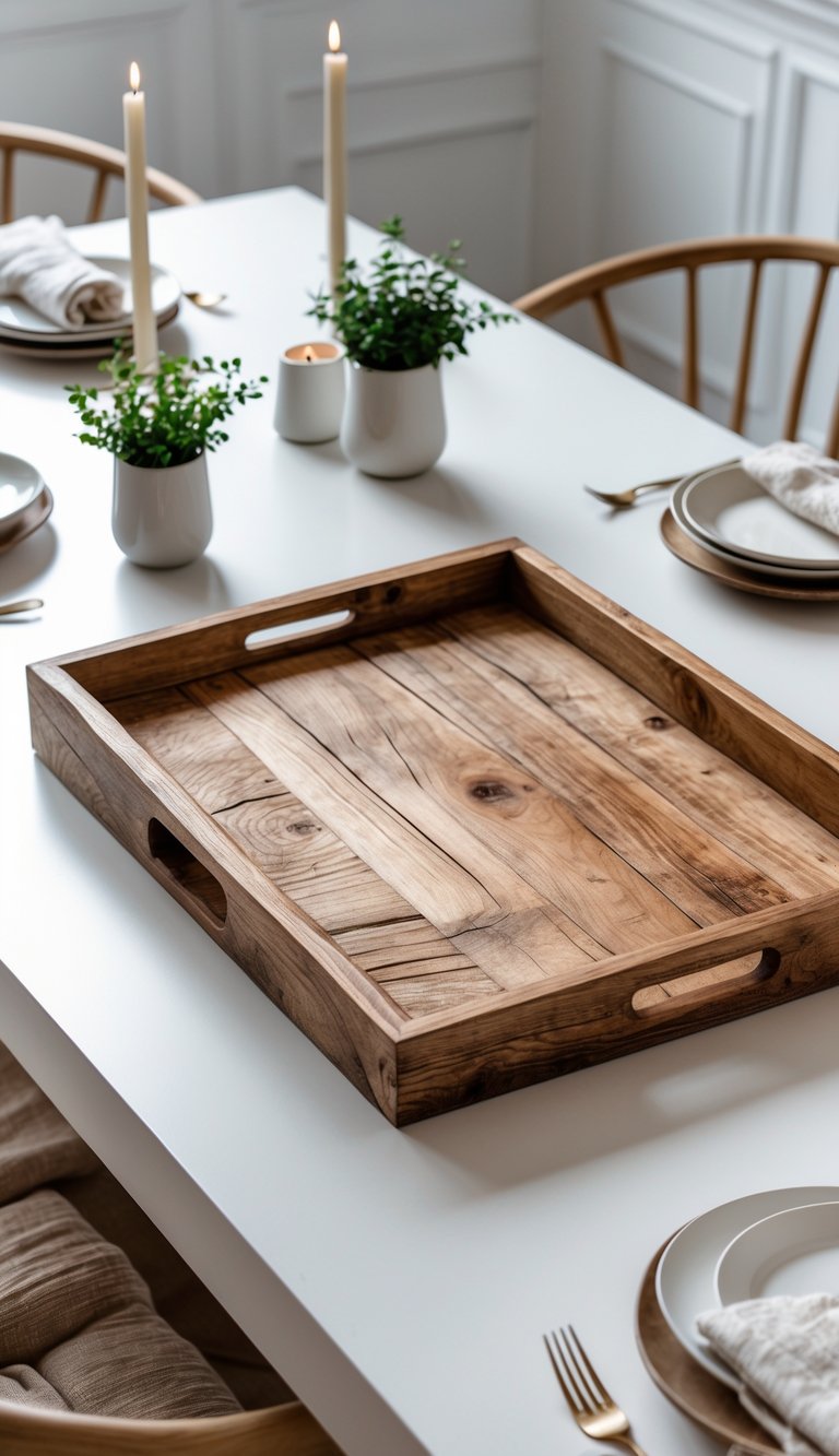 Rustic wooden tray on a white dining table with simple table decor including dishes and plants.