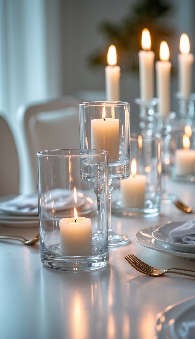 A set of clear glass candle holders with lit white candles arranged on a white dining table.