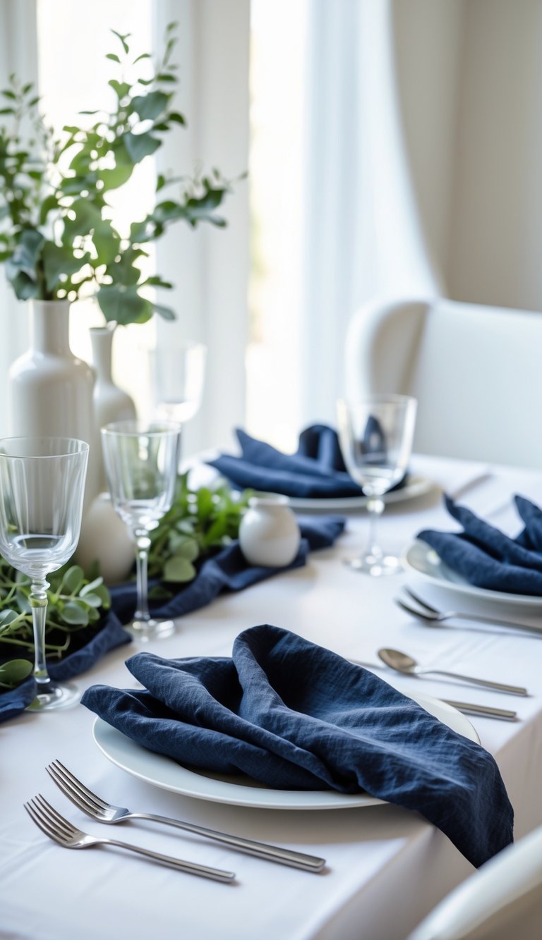 White dining table set with navy blue linen napkins, white plates, glassware, and simple decorative greenery.