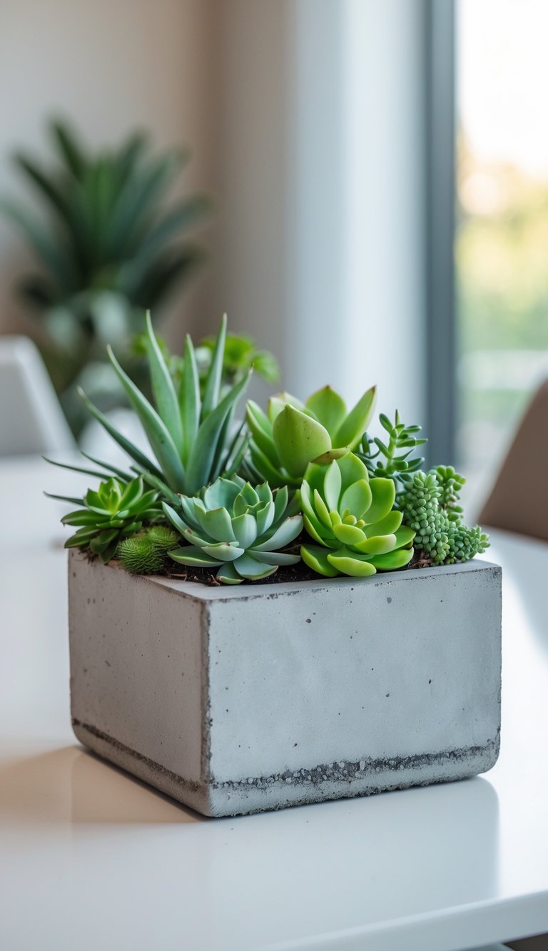 A white dining table with a concrete planter filled with green succulents placed on top.